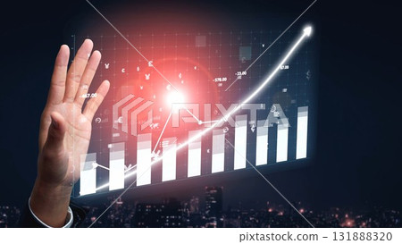 Modern Business Concept With Hand Gesturing Towards Digital Graph Representing Growth, Financial Data, and Future Success in a Dark Urban Environment Copula Modern Business Concept With Hand Gesturing Towards Digital Graph Representing Growth, Financial Data, and Future Success in a Dark Urban Environment Copula 131888320