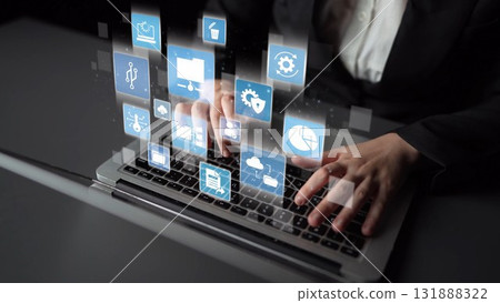 Managing online folders with digital cloud file organization and data security icons Funnel Managing online folders with digital cloud file organization and data security icons Funnel 131888322