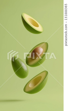 Avocado slices fruit floating on air vertical and green background Avocado slices fruit floating on air vertical and green background 131888365