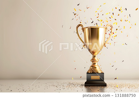 金色獎盃和五彩紙屑的慶祝圖像（獎勵、成功、榮耀） 131888750