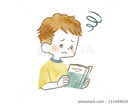 A boy reading a book with a troubled expression - watercolor 131889026