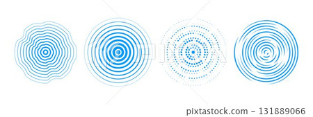 Blue radial concentric circle set. Linear, dashed and dotted rings for epicenter, target, radar, earthquake, tsunami symbol. Sound wave signal collection. Vector rippled expansive vibration elements 131889066