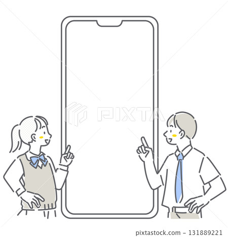 一幅簡單而時尚的線條畫,畫中一名高中生指著智慧型手機螢幕 一幅簡單而時尚的線條畫,畫中一名高中生指著智慧型手機螢幕 131889221