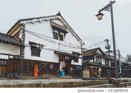 Retro townscape with the Irohamaru Exhibition Hall and round postbox in Tomonoura (illustration style) 131889938