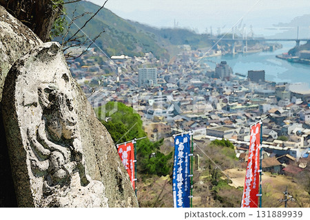 A watercolor-style view of the Buddha statue carved into the rock near Senkoji Temple and the Onomichi Channel 131889939