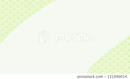 There is a green Seigaiha pattern on the top left and bottom right diagonally. In the center there is a large text space resembling a flowing river. There is a green Seigaiha pattern on the top left and bottom right diagonally. In the center there is a large text space resembling a flowing river. 131890014