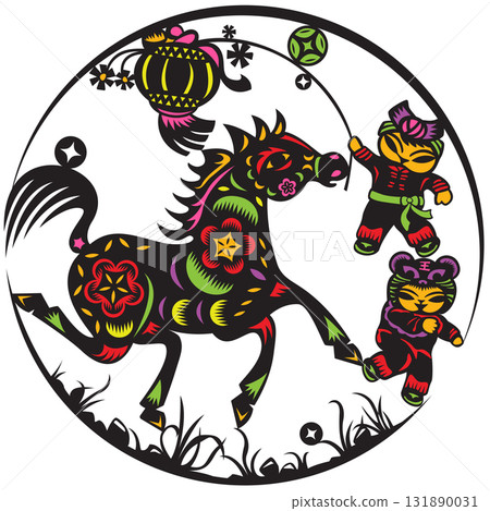 A colorful Chinese paper cut art features a galloping horse with intricate floral patterns, accompanied by two children in festive outfits holding a lantern, all within a circular frame with grass bel A colorful Chinese paper cut art features a galloping horse with intricate floral patterns, accompanied by two children in festive outfits holding a lantern, all within a circular frame with grass bel 131890031