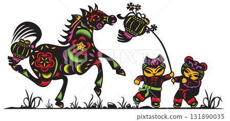 Vibrant Color Chinese paper cut art of a horse in stride, two Chinese dolls playing with the Lantern 131890035