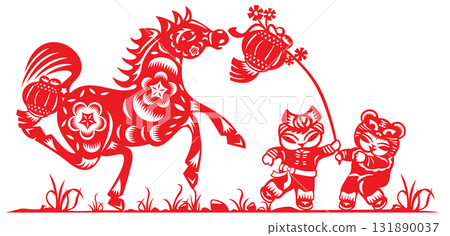 Vibrant Red Chinese paper cut art of a horse in stride, two Chinese dolls playing with the Lantern Vibrant Red Chinese paper cut art of a horse in stride, two Chinese dolls playing with the Lantern 131890037