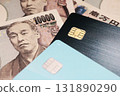 Credit cards lined up alongside money 131890290