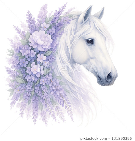 油畫和水彩畫馬與華麗的花朵 - PNG（透明） 131890396
