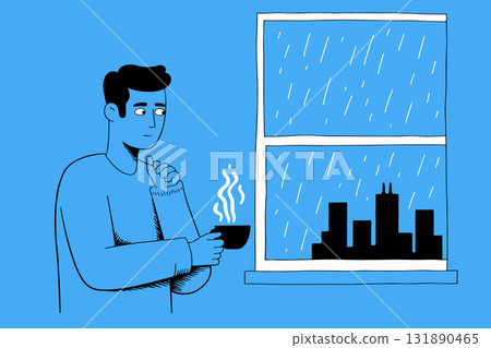 Man Enjoying Coffee on a Rainy Day Man Enjoying Coffee on a Rainy Day 131890465