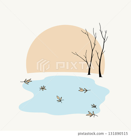 Minimalist Autumn Scene with Pond and Bare Trees Minimalist Autumn Scene with Pond and Bare Trees 131890515