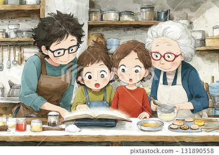 美優系列：四位魔女圍繞著一本神奇的食譜製作甜點的場景 131890558