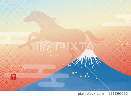 New Year's card template with Mt. Fuji and a galloping horse silhouette (no text) 131890662