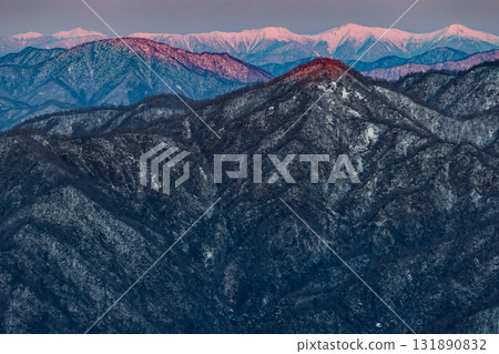 Mount Goseitai and the Southern Alps in the morning glow seen from the summit of Mount Tonodake in Tanzawa in early spring 131890832