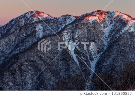 初春時節，從丹澤的殿嶽山頂望去，朝霞籠罩下的蛭岳和不動峰 131890833