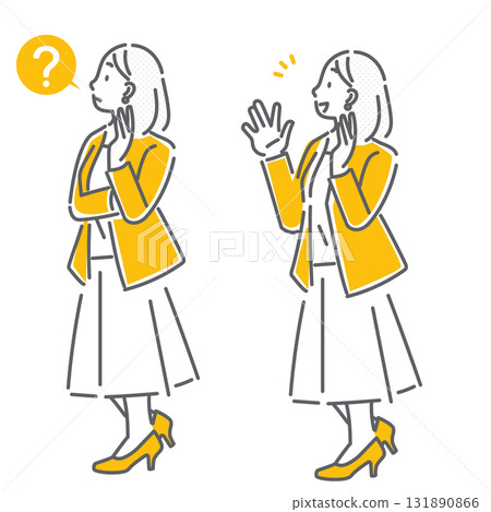 一幅簡單而時尚的線條畫，描繪了一位女商人的疑慮得到解決 131890866