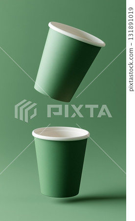 Green paper cups glass mockup floating on air in solid background Green paper cups glass mockup floating on air in solid background 131891019