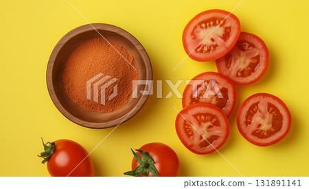 Dried tomato fruit extract mask on wooden bowl natural organic ingredient for skincare yellow background Dried tomato fruit extract mask on wooden bowl natural organic ingredient for skincare yellow background 131891141