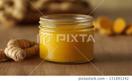 Fresh turmeric extract gel natural essential for beauty treatment on glass jar Fresh turmeric extract gel natural essential for beauty treatment on glass jar 131891142