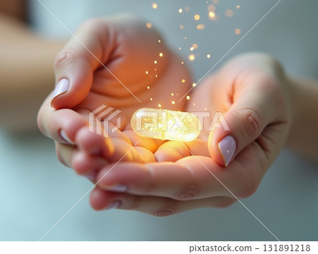 Close-up of Cupped Hands Holding a Glowing Golden Capsule with Sparkling Dust Rising Close-up of Cupped Hands Holding a Glowing Golden Capsule with Sparkling Dust Rising 131891218