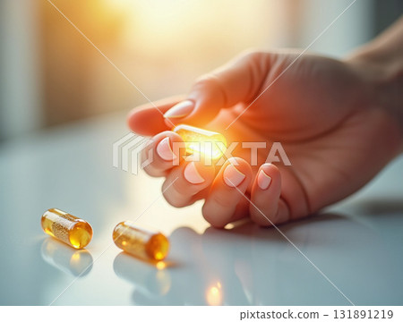 Close-up of a Hand Reaching for a Glowing Gel Capsule with Two Other Supplements on a Clean Table Close-up of a Hand Reaching for a Glowing Gel Capsule with Two Other Supplements on a Clean Table 131891219