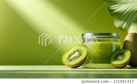 Kiwi fruit gel mask on glass jar fresh natural organic ingredient for healthy skin 131891357