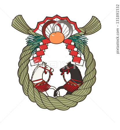 New Year's materials of shimenawa decorations and decorated horses New Year's materials of shimenawa decorations and decorated horses 131891532