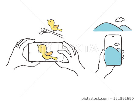 Hand-drawn illustration of a person taking pictures of mountains and birds with a smartphone Hand-drawn illustration of a person taking pictures of mountains and birds with a smartphone 131891690
