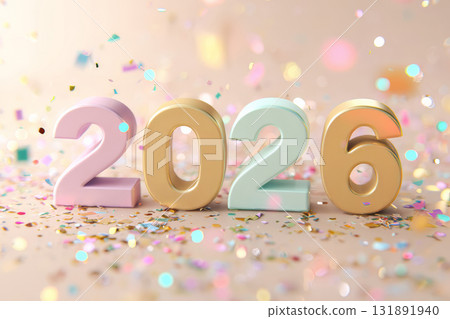 Colorful 2026 number with confetti on pastel background Colorful 2026 number with confetti on pastel background 131891940