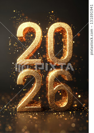 Number 2026 made of golden digits with glowing particles on dark background 131891941