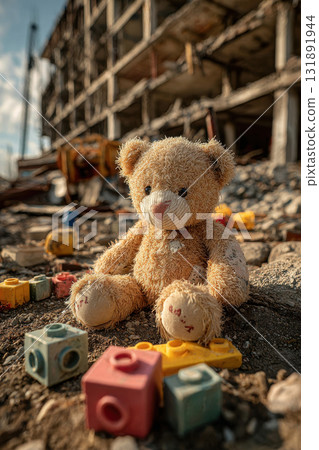 Abandoned plush bear among ruins of destroyed building Abandoned plush bear among ruins of destroyed building 131891944
