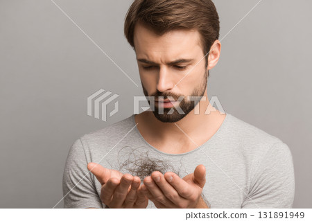 Worried man holding fallen hair in hands 131891949