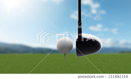 陽光明媚，非常適合打高爾夫。一號木桿準備就緒，開球瞬間。 131892158