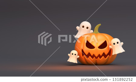 Spooky 3D Halloween background with carved pumpkin and ghosts. Perfect for holiday posters, invitations, banners, and seasonal party designs. 131892252