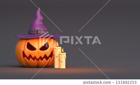 Festive Halloween background with a creepy 3D pumpkin wearing a witch hat Festive Halloween background with a creepy 3D pumpkin wearing a witch hat 131892253