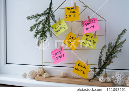 Vision board with new year resolutions aims goals on sticky notes. Preparation for New Year. Planning and setting goals for personal development Vision board with new year resolutions aims goals on sticky notes. Preparation for New Year. Planning and setting goals for personal development 131892261