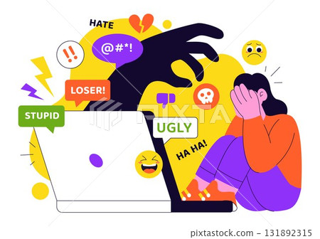 Cyberbullying Illustration Featuring Online Harassment, Network Abuse, and Negative Internet Influence Such as Insults, Swearing, and Verbal Abuse 131892315