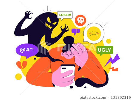Cyberbullying Illustration Featuring Online Harassment, Network Abuse, and Negative Internet Influence Such as Insults, Swearing, and Verbal Abuse 131892319