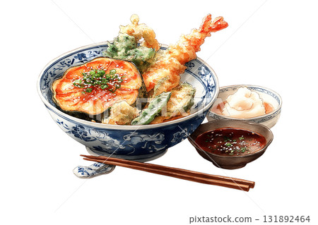 Illustration of assorted tempura (watercolor style) Tendon 131892464