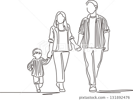 Line drawing illustration of a family of three walking hand in hand 131892476