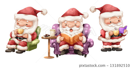 Watercolor cartoon illustration set of santa claus reading a book and drink a coffee in comfy armchair . Hand drawn digital painting . Transparency background . Watercolor cartoon illustration set of santa claus reading a book and drink a coffee in comfy armchair . Hand drawn digital painting . Transparency background . 131892510