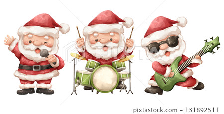 Watercolor cartoon illustration set of santa claus as rock and roll band member . Features Santa singing, playing a full drum kit, and shredding an electric guitar . Hand drawn digital painting . Watercolor cartoon illustration set of santa claus as rock and roll band member . Features Santa singing, playing a full drum kit, and shredding an electric guitar . Hand drawn digital painting . 131892511