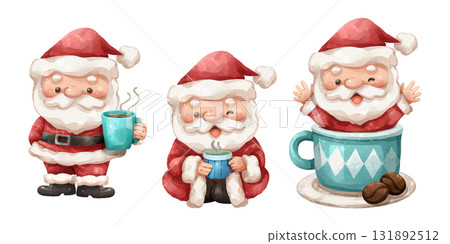 Watercolor cartoon illustration set of santa claus as a coffee enthusiast holding steaming blue mug and popping out of oversized coffee cup . Hand drawn digital painting . Transparency background . Watercolor cartoon illustration set of santa claus as a coffee enthusiast holding steaming blue mug and popping out of oversized coffee cup . Hand drawn digital painting . Transparency background . 131892512