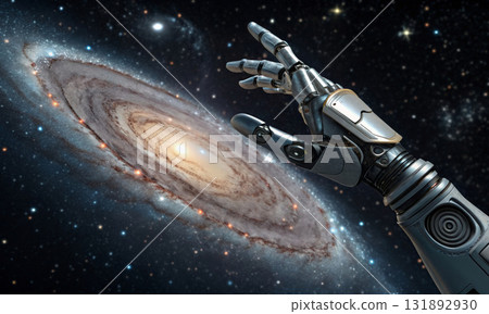 A robot with an open palm forms a starry galaxy, the creator of the universe 131892930