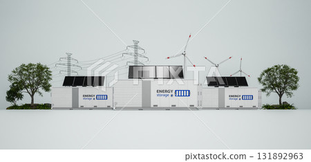 Alternative energy concept with group of energy storage systems or battery container units with various sources of energy 131892963
