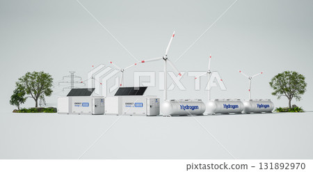 Alternative energy concept with group of energy storage systems or battery container units with various sources of energy Alternative energy concept with group of energy storage systems or battery container units with various sources of energy 131892970