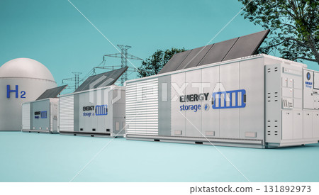 Alternative energy concept with group of energy storage systems or battery container units with various sources of energy Alternative energy concept with group of energy storage systems or battery container units with various sources of energy 131892973