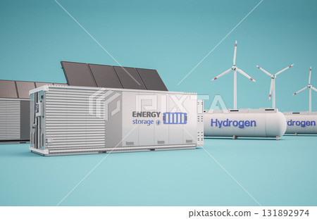 Alternative energy concept with group of energy storage systems or battery container units with various sources of energy 131892974